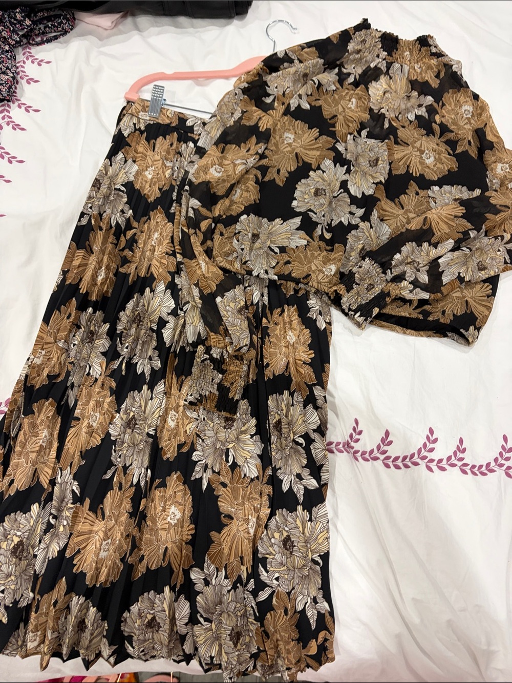 Express Black Floral Pleated Skirt with Gold and Cream Flowers